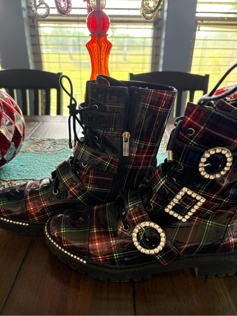 Jessica Simpson Red Plaid Combat Boots with Rhinestone Buckles - Picture 2 of 7